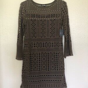 NIC+ZOE Petite Crochet Studded Mini Taupe Dress Size Petite Petite